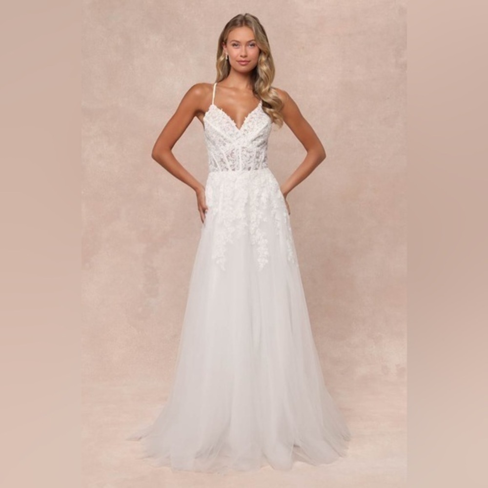 LULU’S GLORIOUS LUXURY WHITE SHEER TULLE EMBROIDERED BEADED MAXI DRESS